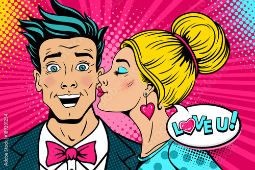 Wow couple. Happy young surprised man with open mouth and sexy woman in profile kissing him and Love you speech bubble. Vector background in retro pop art comic style. Valentines day party poster.
