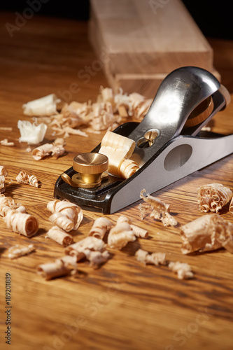DIY concept. Woodworking and crafts tools. Carpentry hand tools. Planers, chisels, measuring tools. Wooden background.