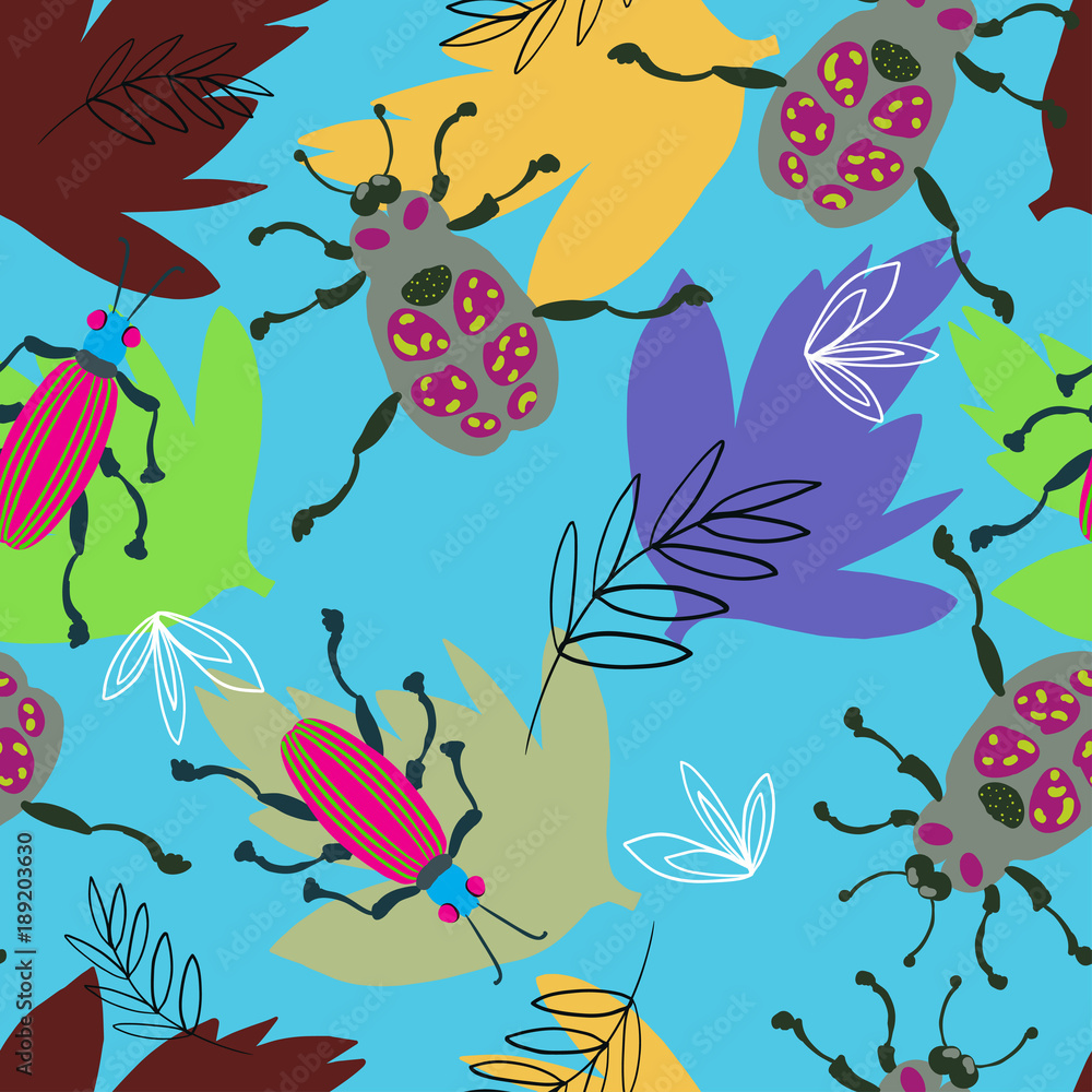 Pattern with beetles and leaves on blue paper. Pattern with beetles and leaves on blue paper.