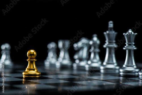 One  chess pieces staying against full set of black chess pieces