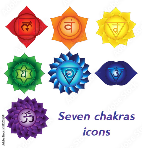 Seven chakras icons, colorful spiritual tattoos. Kundalini yoga symbols