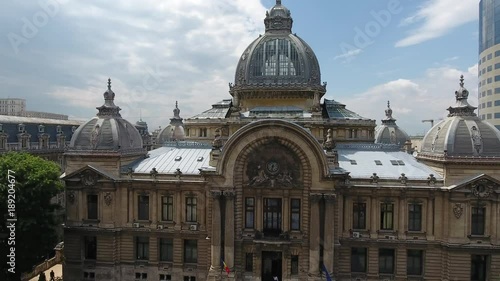 4K Drone Shot Of The CEC Palace (built in 1900) in Bucharest, Romania