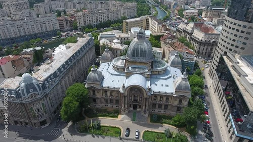 4K Drone Shot Of The CEC Palace (built in 1900) in Bucharest, Romania