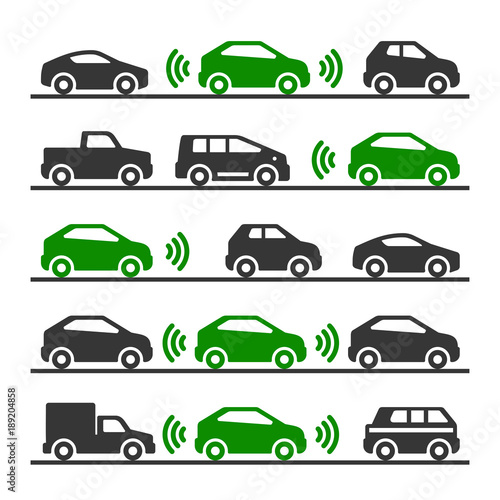 Smart Car with Sensors and Radars on the Road. Vector