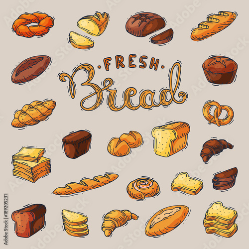 Bakery breadstuff vector baking bread loaf or baguette baked by baker in bakehouse set illustration isolated on background