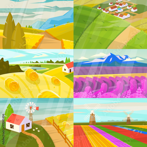 Landscape vector landscaping countryside of meadows fields and lands with natural landscaped sunny view of country set illustration isolated on white background