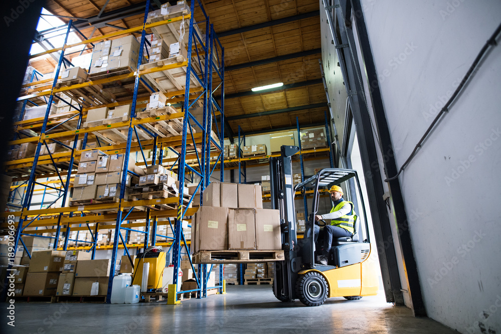 Warehouse man worker with forklift. Warehouse man worker with forklift.