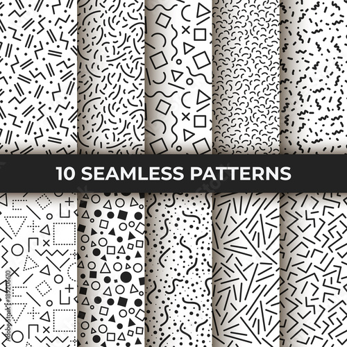Set of ten seamless patterns. Retro memphis geometric line shapes. Retro fashion style 80s. Black and white abstract jumble textures. Mosaic curved, zigzag lines, dash textures