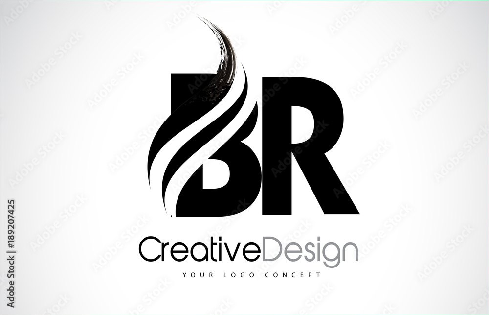 BR B R Creative Brush Black Letters Design With Swoosh - obrazy, fototapety, plakaty 
