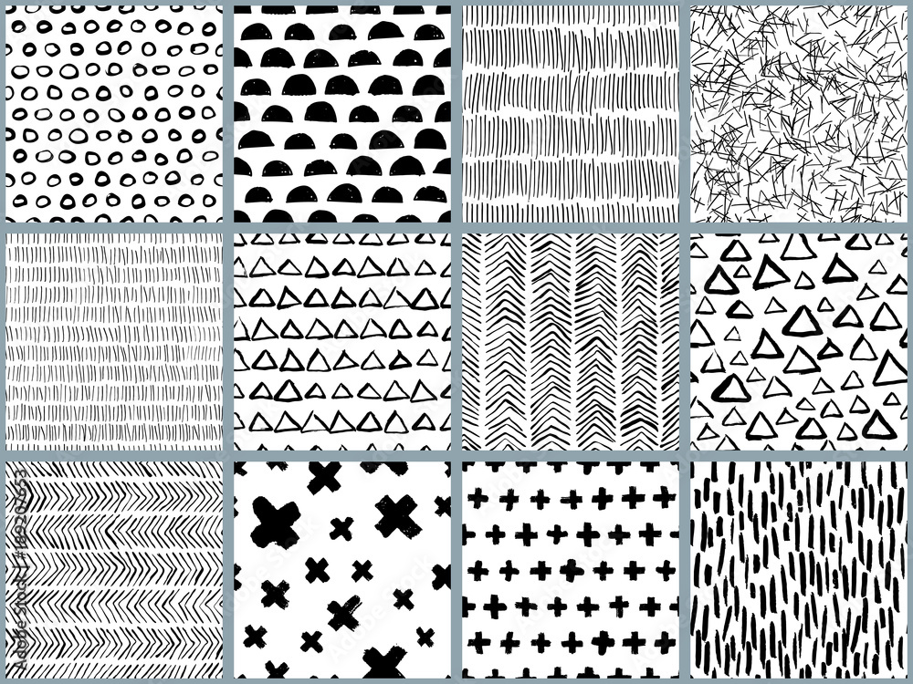 Plakat Zestaw wektor czarno-białe ręcznie rysowane wzór. Streszczenie akwarela, atrament i znacznik tekstury i tła. Modna skandynawska koncepcja modowego drukowania, pakowania i pakowania tekstyliów.
