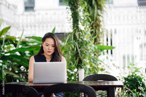 Portrait of young attractive businesswoman sitting and working at her laptop. She is looking at her screen and looks serious. photo