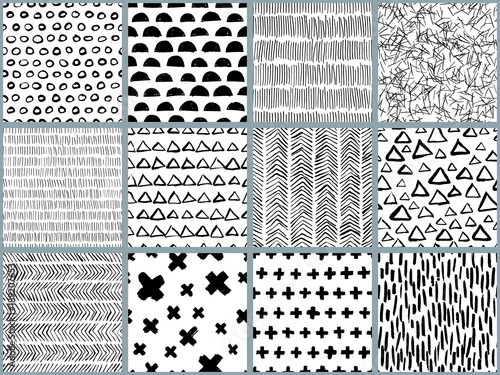 Plakat Zestaw wektor czarno-białe ręcznie rysowane wzór. Streszczenie akwarela, atrament i znacznik tekstury i tła. Modna skandynawska koncepcja modowego drukowania, pakowania i pakowania tekstyliów.