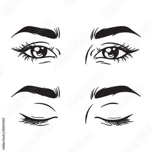 Isolated black and white beautiful female eyes set - open and closed. Makeup blank template vector