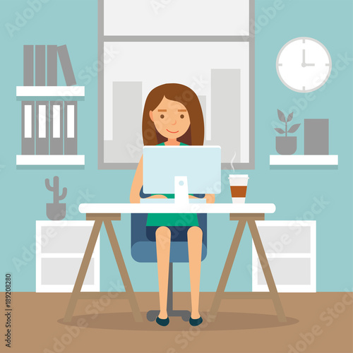 Office work and remote work, freelancing. Young woman working on computer. Vector illustration in flat style.
