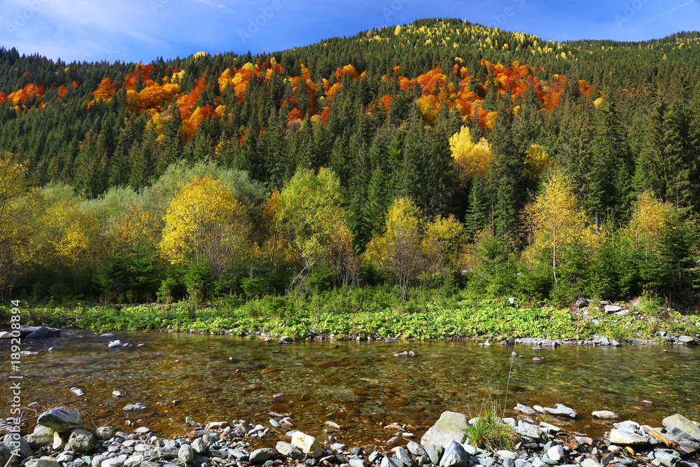 Fototapeta premium Alpine autumnal landscape in National Park Retezat, Romania, Europe