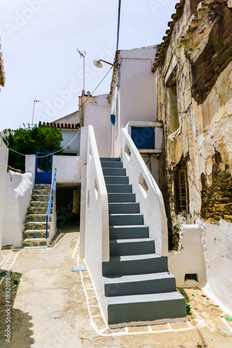 Street view of the traditional architecture of mainland (Chora) in Kythnos island in Greece photo