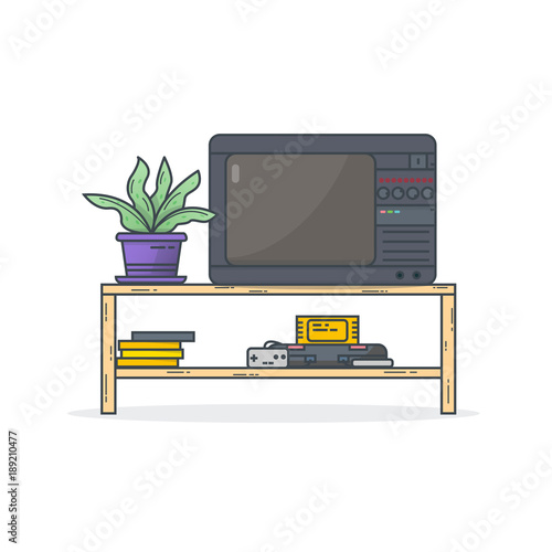 Retro TV with vintage 8 bit game console. Table with tv and pot with plant and console with joysticks on shelf. Vintage gaming poster.