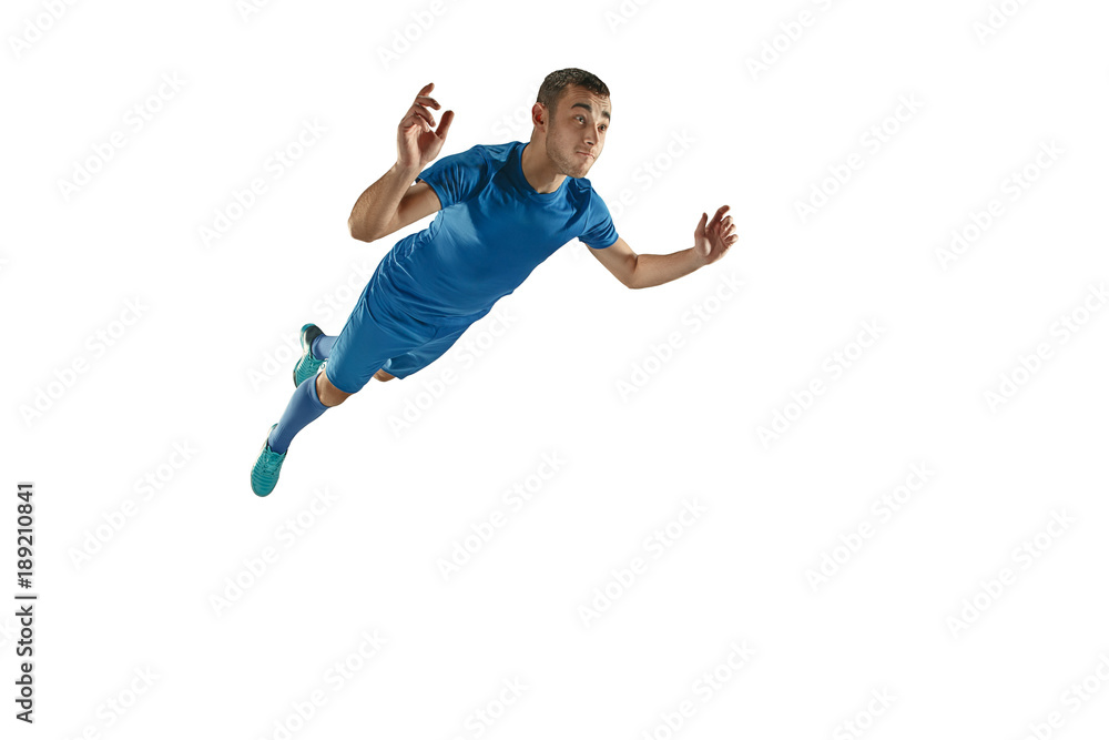 Professional football soccer player isolated white background Professional football soccer player isolated white background