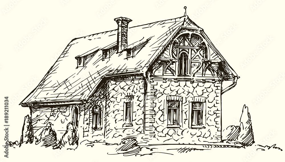 Old English traditional stone house. Hand drawn vector illustration.