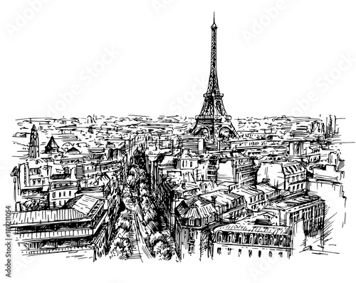 Eiffel tower, Paris, France. Hand drawn vector illustration.