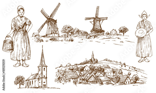 Traditional dressed Dutch girl with cheese, windmill, hand drawn vector illustration.