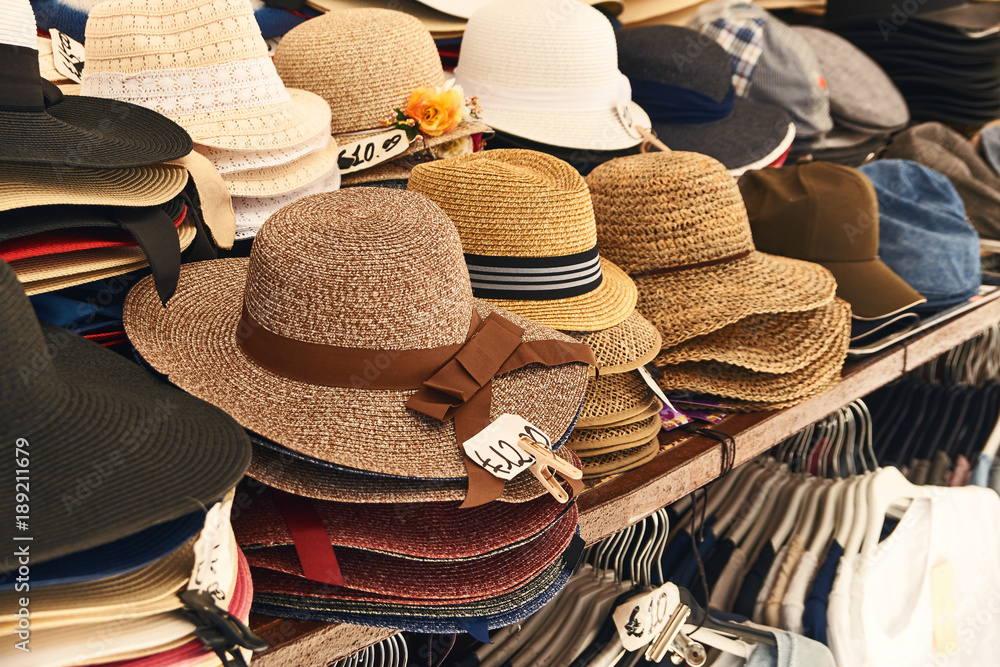 Woman hats being sold on the streets of Verona, Italy