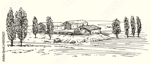Rural landscape with houses and meadow.