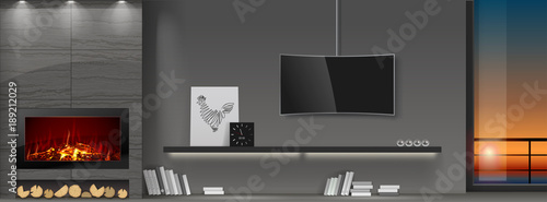 Modern interior with fireplace. A shelf of books and a TV. Panoramic window with the sunset. Vector graphics. Doodle or a banner.