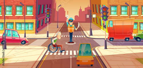 Vector illustration of crossing guard adjusting transport moving, city crossroads with pedestrian, disabled person. Urban highway regulation, crosswalk with traffic lights, machines