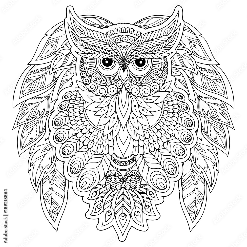 Coloring page with cute owl and floral frame. <span>plik: #189213864 | autor: photo-nuke</span>