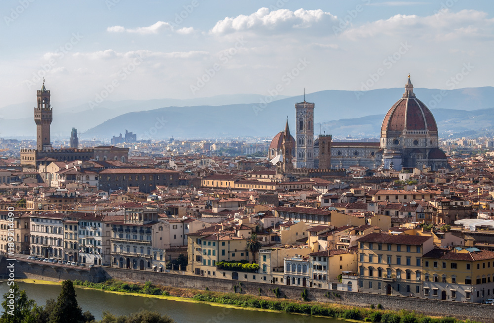 FLORENCE (FIRENZE), JULY 28, 2017 - View of Santa Maria dei Fiori Church,the Dome (duomo) and Palazzo Vecchio from piazzale Michelangelo in Florence, (Firenze), Tuscany, Italy.