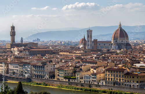 FLORENCE (FIRENZE), JULY 28, 2017 - View of Santa Maria dei Fiori Church,the Dome (duomo) and Palazzo Vecchio from piazzale Michelangelo in Florence, (Firenze), Tuscany, Italy. © faber121