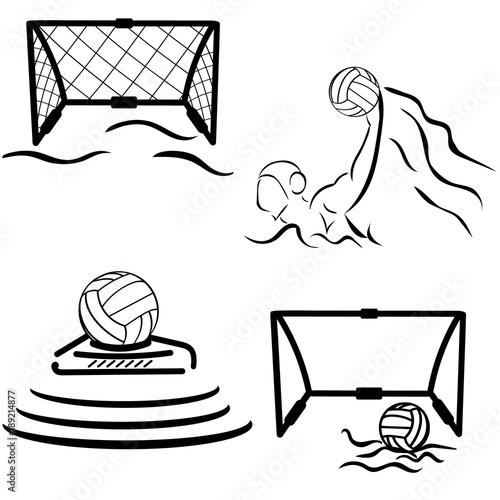 Water polo vector image. Gate, swimmer, ball isolated on white background. Set minimalistic black sign.  Emblem or logo for swimming pool, sports shop, competition. Ball in gate. Water sport label.