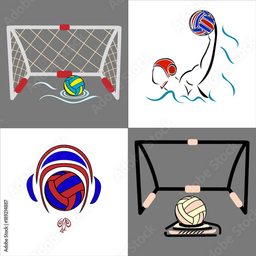 Water polo vector image. Gate, swimmer, ball isolated on white background. Set minimalistic black sign.  Emblem or logo for swimming pool, sports shop, competition. Water-polo player.