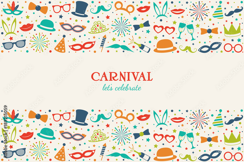 Carnival - banner in retro style with party icon decorations. Vector.
