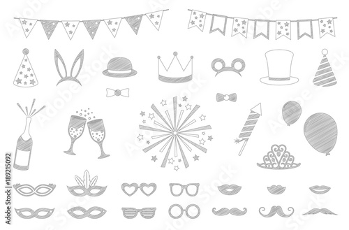 Hand drawn party icons - set of funny costumes. Carnival, photo booth and birthday. Vector.