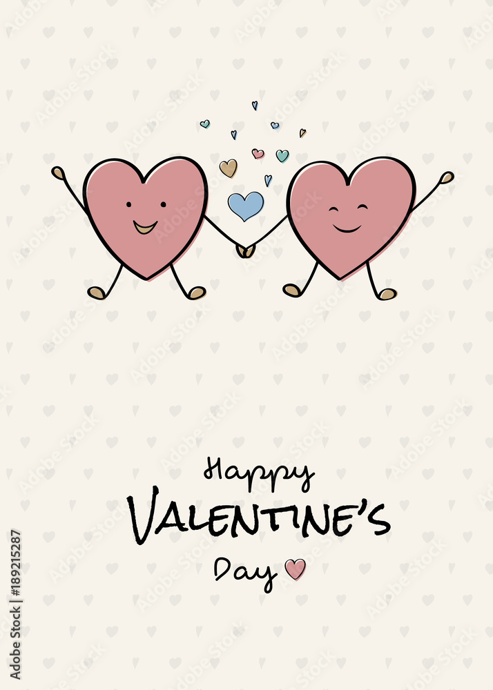 Cute hand drawn card with cartoon hearts and greetings. Vector.
