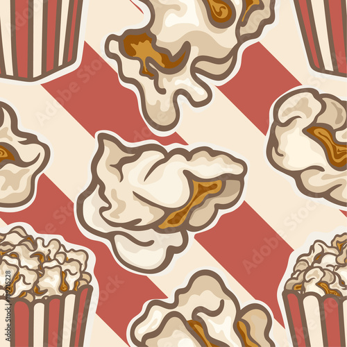 Popcorn in a red striped bucket box vector seamless pattern isolated on striped background. Popcorn popping. Red white strip box. Cinema movie night icon. Pop corn kernels. Snack for movie.