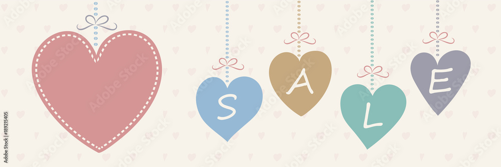 Sale - template of banner with hand drawn hearts. Vector.