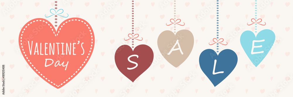 Cute poster with hand drawn hearts for Valentine's Day Sale. Vector.