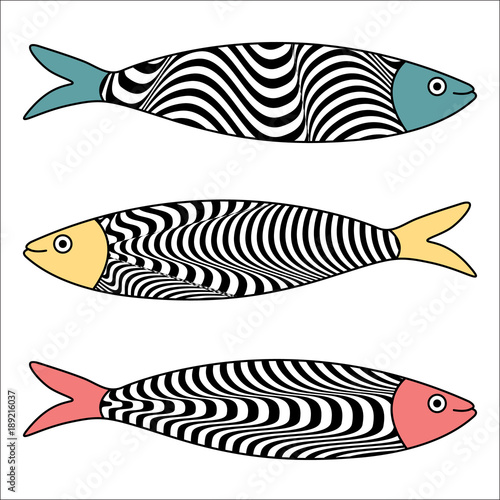 Traditional Portuguese icon. Colored sardines with typical Portuguese tiles patterns. Vector illustration