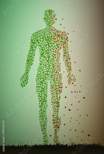 man is getting older idea, age concept, dying tissue concept, skin problem idea, man silhouette build with small green leaves and growing in soil,