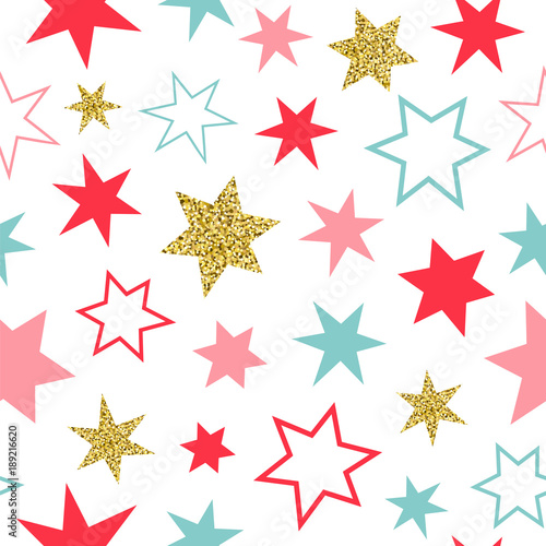 Simple seamless vector pattern with golden and bright stars.