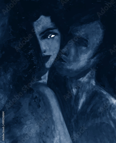 Jeune couple amoureux enlacé peint en bleu noir