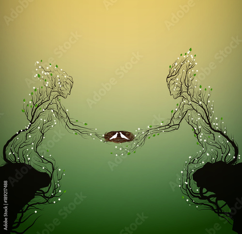 two spring tree silhouettes looks like man and woman and holding the nest with white pigeeons, family concept,