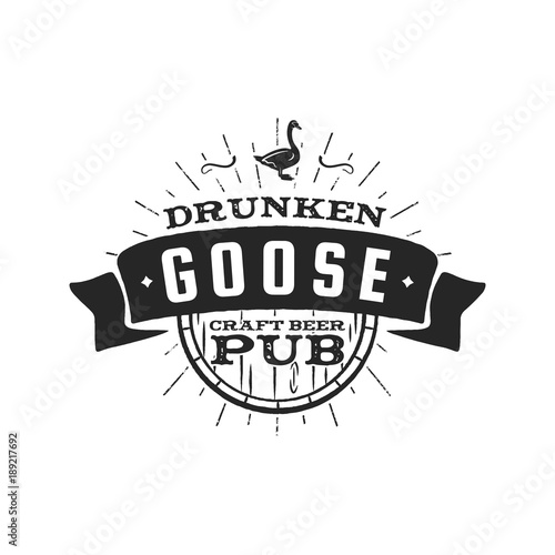 Vintage craft beer pub label. Drunken goose brewery retro design element. Hand drawn emblem for bar and pub. Business signs template, logo, identity object. Stock vector isolate on white background