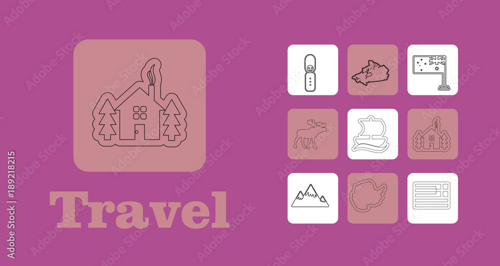 Travel Line Icons for Web and Mobile. Thin line icons. on purple Travel Line Icons for Web and Mobile. Thin line icons. on purple