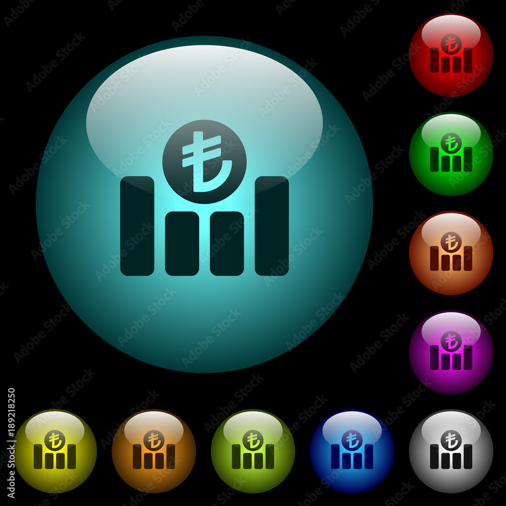 Turkish Lira financial graph icons in color illuminated glass buttons