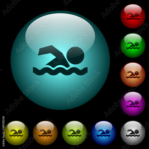 Swimming man icons in color illuminated glass buttons