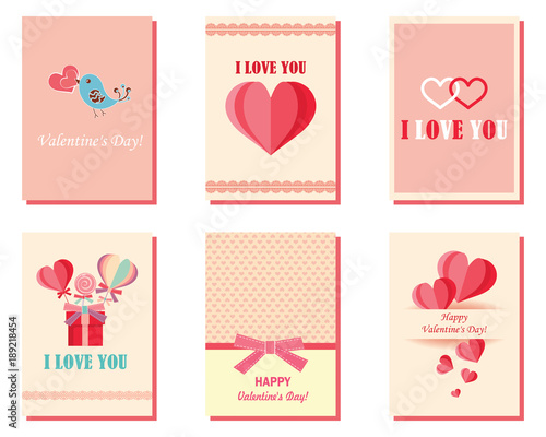 A set of greeting cards for Valentine's Day with hearts. Pink, white, turquoise. Gift templates. Painted hearts. Design for valentine and wedding and other holidays. Vector.